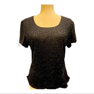 Laurence Kazar Paris-New York Top L Black Beaded Short Sleeve Pullover Black T